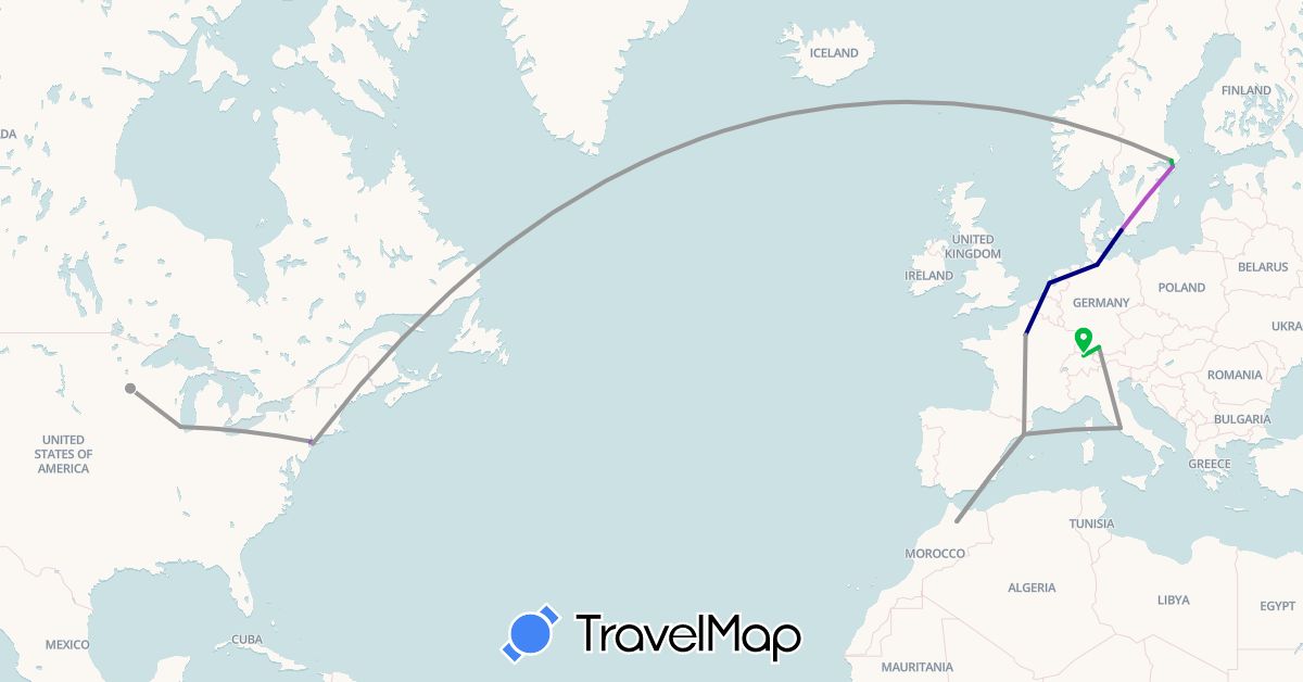 TravelMap itinerary: driving, bus, plane, train in Switzerland, Germany, Spain, France, Italy, Morocco, Netherlands, Sweden, United States (Africa, Europe, North America)